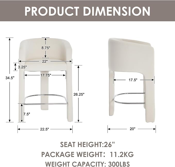 HNY Modern Counter Height Bar Stools Set of 2, 26”H Barrel Counter Stools - Image 2