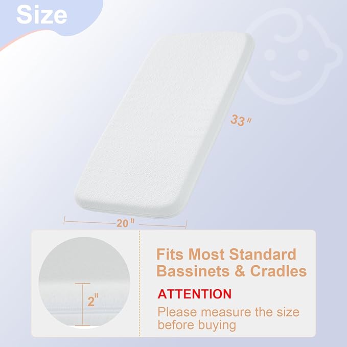 NeoBorn Baby Bassinet Mattress Pad, 33" x 20" Dual Sided Comfort Gel Memory Foam Mattress with Removable Breathable Soft Tencel Cover Fit for Baby Delight/Mika Micky/KoolerThings Bassinet