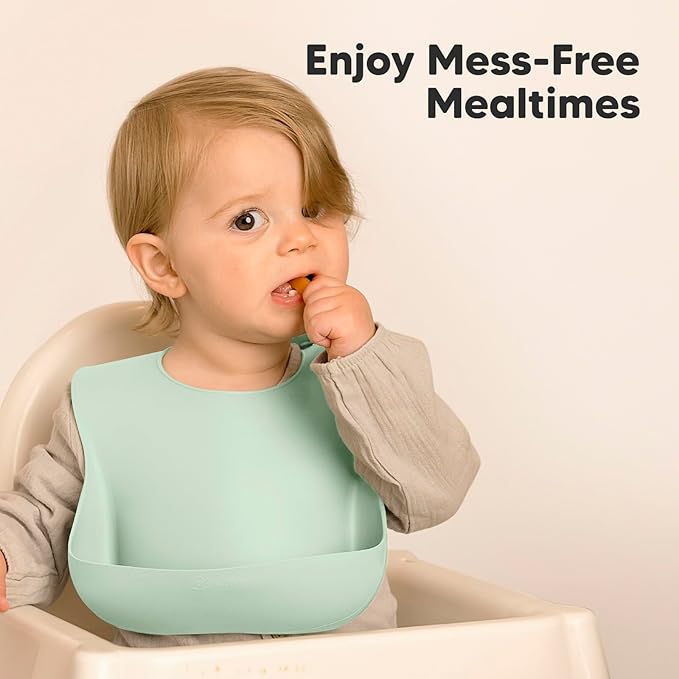 KeaBabies 2-Pack Silicone Baby Bibs for Eating - Sturdy Food-Grade Silicone Bibs for Babies Girl, Boy, Large Food Catcher, Clean & Put On Easily, Waterproof Toddler Feeding Essentials(Pastel Sky)