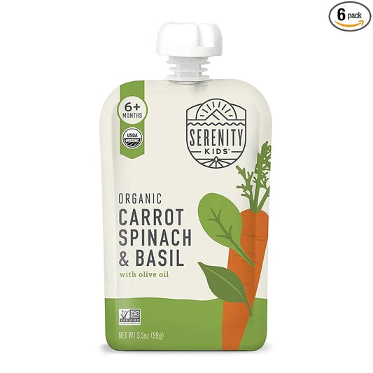 Serenity Kids 6+ Month Organic Veggie Puree Baby Snacks Pouches - Carrot, Spinach & Basil - No Sugar Added, BPA Free & Allergen Free Baby Puree Pouches - 3.5 Oz, 6 Pack