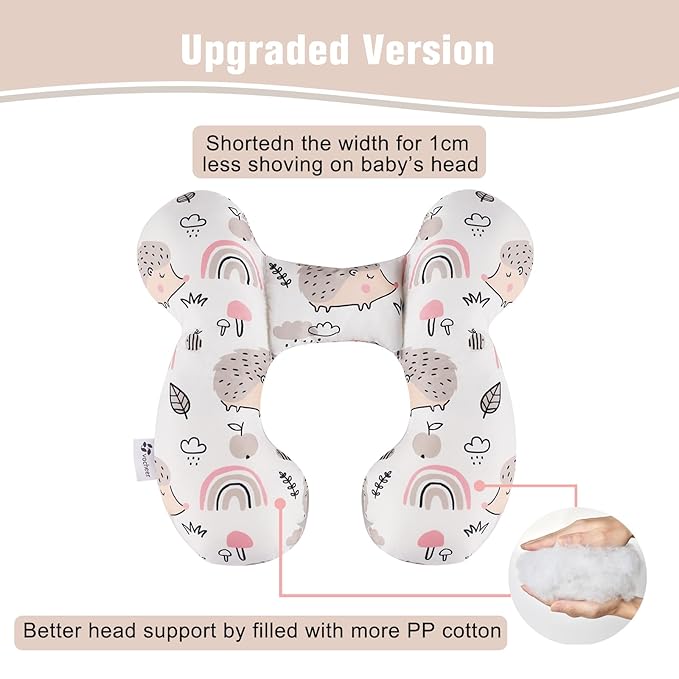 vocheer Baby Travel Pillow(Upgraded), Head and Neck Support Pillow for Pushchair, Car Seat,Stroller, Bouncer, Cotton, Hedgehog