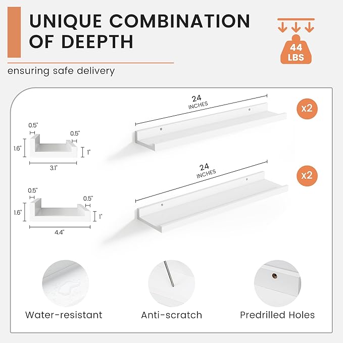 Floating Picture Ledge Shelves for Wall Set of 4, 24 Inch Wall Shelves with Lip Long Large Nursery Book Shelf for Toys Storage Kids Bookshelf Wall Mounted Living Room Bedroom Decor Frames