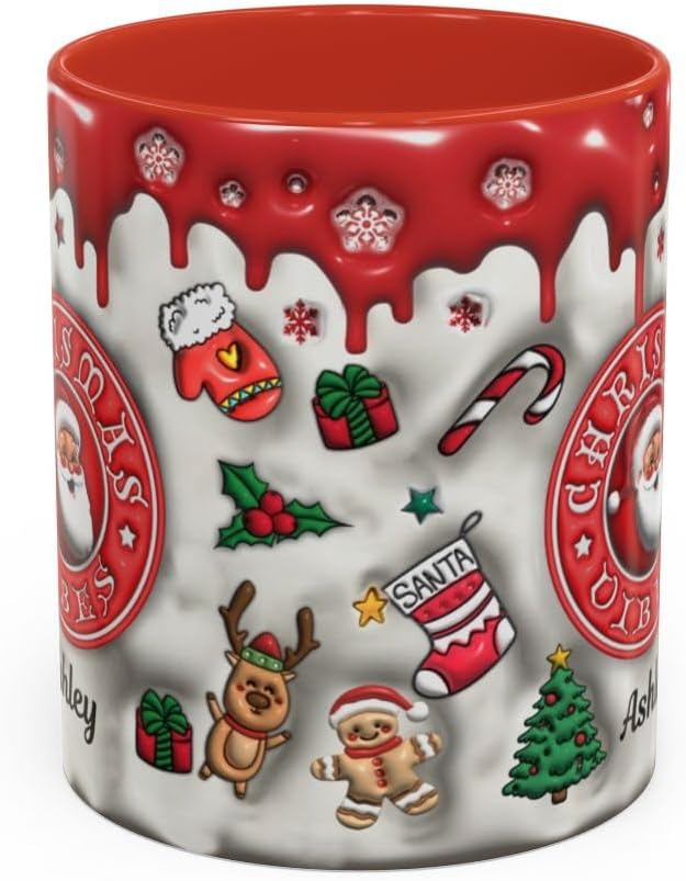 Personalized 3D Effect Christmas Accent Mugs with Names, Santa Claus Coffee Mug, Custom Reindeer Mug Christmas Gifts For Women Men Friends Sister Mom Family Xmas Mug 11 or 15 Oz