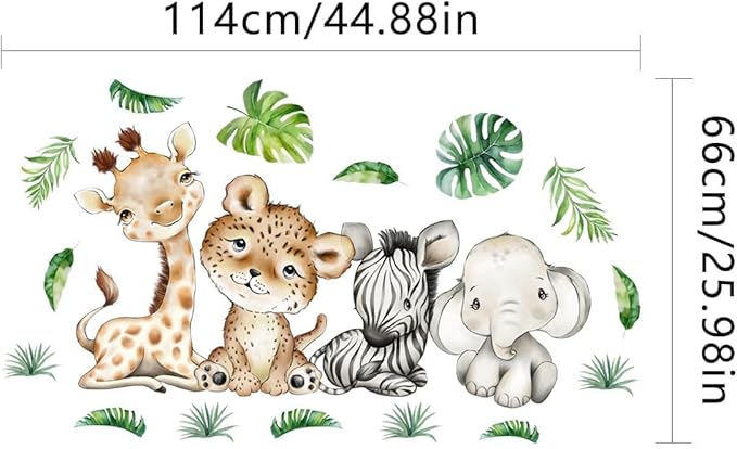 44.88 x22.98 Inch Watercolor Jungle Animal Wall Decals - Tiger, Elephant, Zebra Peel & Stick Wall Art Stickers for Baby Nursery, Playroom, Bedroom, Classroom & Kindergarten Decor