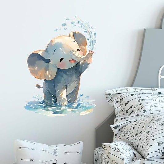 Cartoon Baby Elephant Wall Decals Removable Animal Vinyl Stickers for Nursery Bathroom and Kids Playroom Water Play Decor Peel and Stick Wall Art