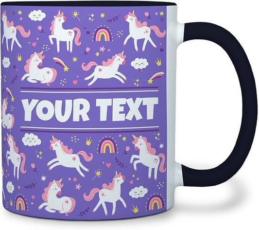 Personalized Mug for Kids - Purple Unicorn - Custom Name/Text, Ceramic Hot Chocolate/Cocoa/Coffee Cup for Girls, Birthday/Christmas/Holiday Gift - 11 oz, Black Handle