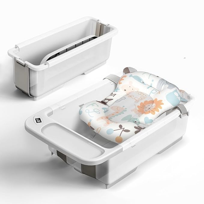 Collapsible Baby Bathtub - Large Capacity Baby Bath Tub with Thermometer & Soft Cushion | Portable Travel Newborn Infant Bathtub | Foldable Toddler Bathtub for Baby 0 to 36 Months (no Stand)