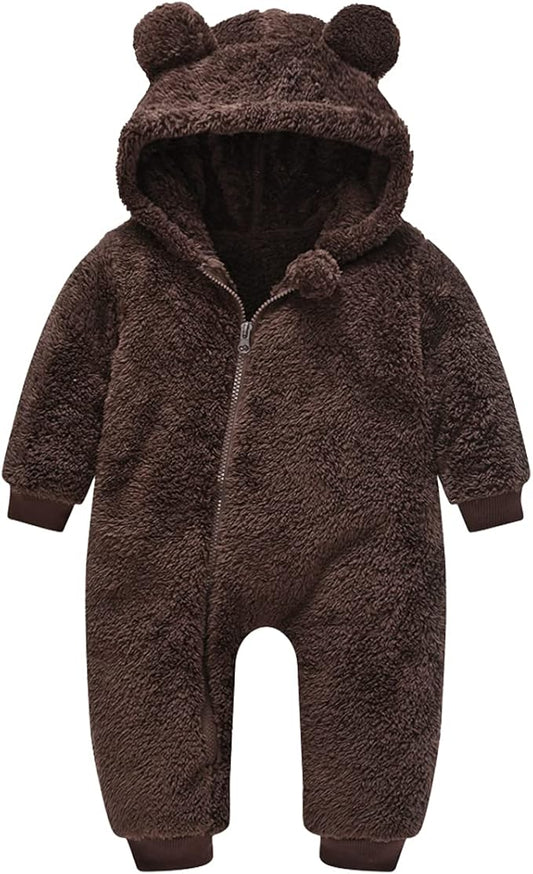 Baby Fleece Jumpsuits Infant Bear Ear Snowsuit Newborn Hooded Romper Warm Coat