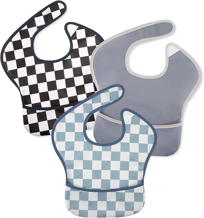 Mess Proof Baby Bib 3 Pack, Waterproof Led Weaning Baby Feeding Bibs with Food Catcher, Travel Feeding Bibs