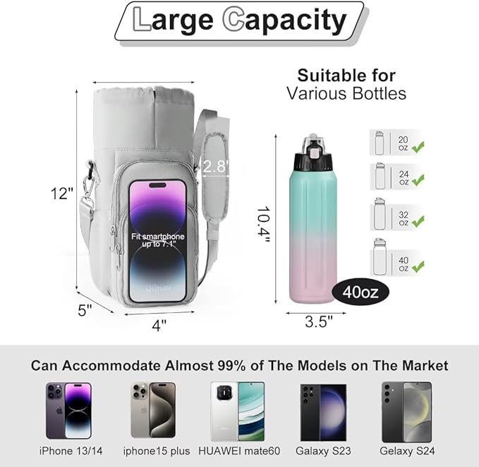 Water Bottle Holder with Strap, 4 Big Pockets with Compartment, 24oz/32oz/40oz Crossbody Water Bottle Carrier Bag