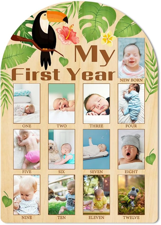 ORIGACH My First Year Baby Growth Photo Display Wood Board - 12 Months Newborn Milestones Photo Board - Neutral Baby Keepsake Board 1st Birthday Party Nursery Decor New Mom Gift - Toucan & Leaves