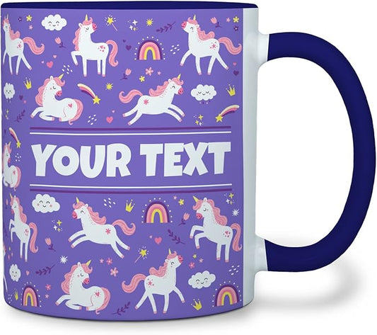 Personalized Mug for Kids - Purple Unicorn - Custom Name/Text, Ceramic Hot Chocolate/Cocoa/Coffee Cup for Girls, Birthday/Christmas/Holiday Gift - 11 oz, Navy Blue Handle