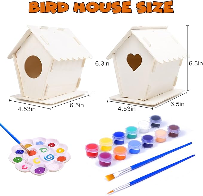 hapray 2 Pack Bird House Kit, DIY Birdhouse Kits, Wooden Crafts Arts for Children to Build and Paint (Includes Paints & Brushes) for Kids Girls Boys Toddlers Gifts Christmas