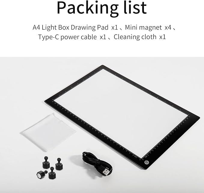 Light Box Drawing Pad A4, Tracing Board with Type-C Charge Cable and Brightness Adjustable for Artists, AnimationDrawing, Sketching, Animation, X-ray Viewing (A4-PS)