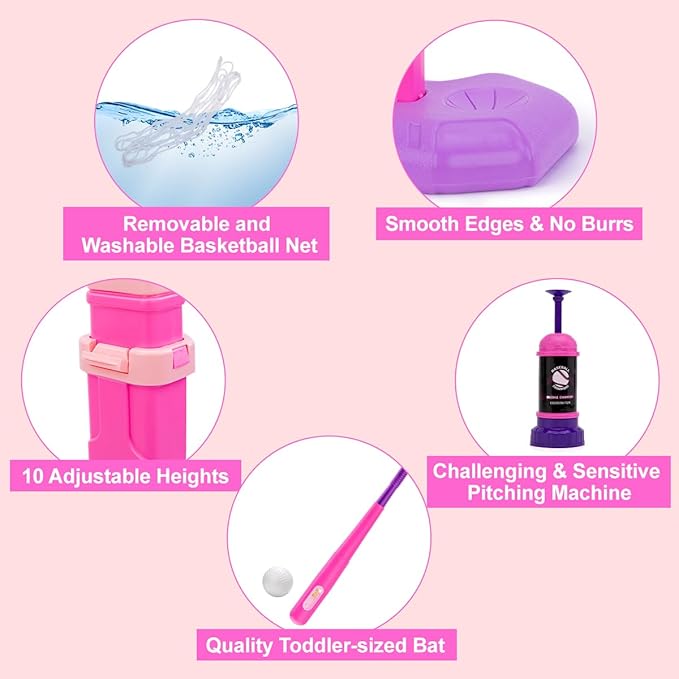 Meland Toddler Basketball Hoop, Pink 4-in-1 Kids Basketball Hoop for Indoor Outdoor Play, Tball Set with Baseball Pop Up Machine, Girls Toys Birthday Gift