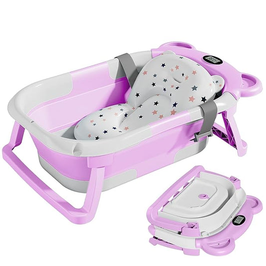 TPN Collapsible Baby Bathtub, Baby Bath Tub with Soft Cushion & Real-Time Thermometer, Baby Bathtub Infant to Toddler Tub (0-36 Months), Portable Newborn Travel Bath tub