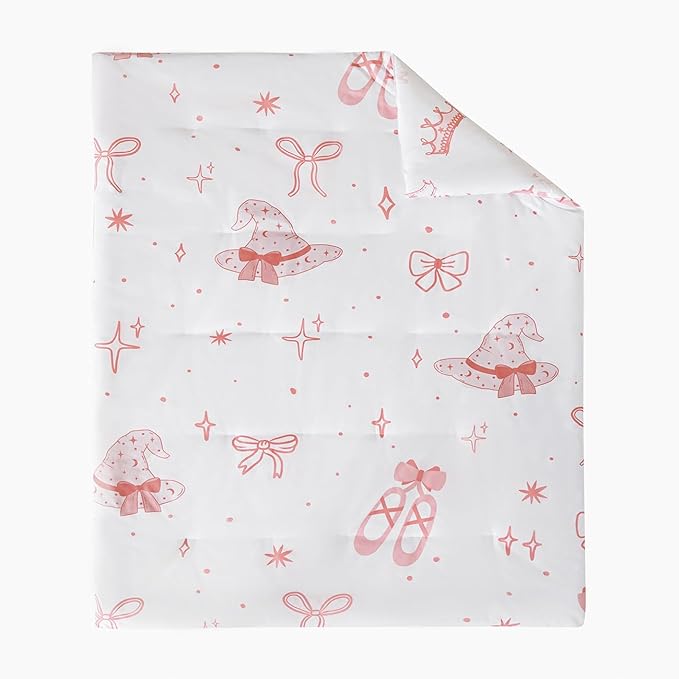 PERFEMET 4 Pieces Bow Comforter for Toddler Girls Reversible Bowknot Pink Toddler Bedding Set Ultra Soft Lightweight Princess Crib Bed Set with Sheets