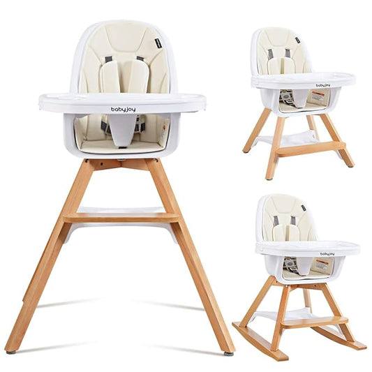 BABY JOY 3 in 1 High Chair, Baby Eat & Grow Convertible Wooden High Chair/Rocking Chair/Booster Seat/Toddler Chair, Infant Dining Chairs w/Double Removable Tray, 5-Point Seat Belt & PU Cushion, Beige