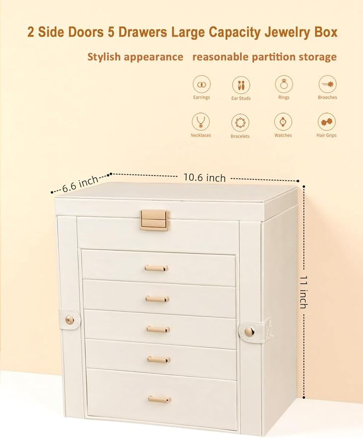 BOOVO Jewelry Box For women, 6 Layer Large Jewelry Organizer With Mirror, Multi-Function Storage Box With Lock, Necklace Holder With 5 Drawers, For Earrings Necklace Bracelet (Pearl White and Gold)