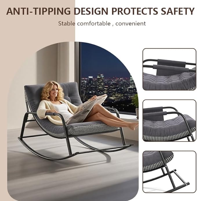 Oversized Rocking Chair with Cushion, Indoor Outdoor Lounge Patio Recliner Rocker with Armrests, Supports 330 lbs, Comfortable Papasan Chair for Bedroom, Living Room, Porch, Garden -Grey