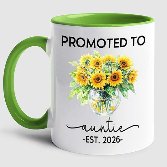Promoted To Auntie EST 2026 Accent Mug Gift For Pregnancy Announcement, Personalized Name New Aunt Coffee Mug 11 15Oz, Customized Sunflowers Auntie White Coffee Cup For Birthday, First Time Aunt Cup
