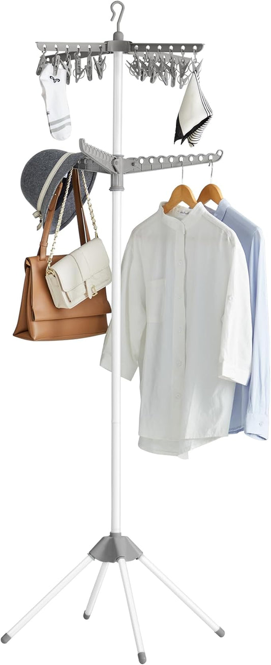 SONGMICS 2-Tier Clothes Drying Rack, 72-Inch Folding Laundry Drying Rack with 3 Rotatable Arms for Hangers, 24 Clips, Stainless Steel, for 27 Pieces of Clothes, Gray and White ULLR512G01