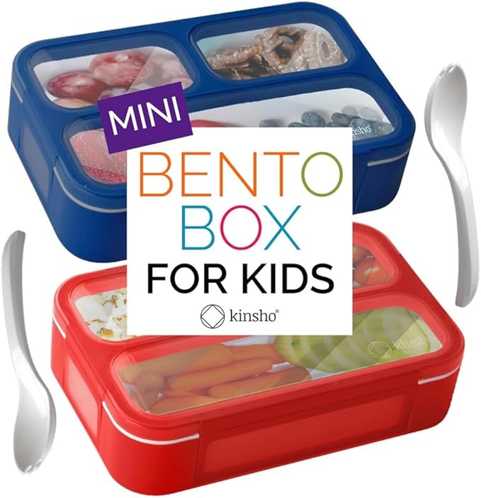kinsho Snack Containers - Small Bento Lunch Box for Kids Girls Boys Toddlers | MINI Leakproof Boxes, Baby Bentobox for School Daycare Travel, Portion Containers, 2 pack, Red Navy Blue