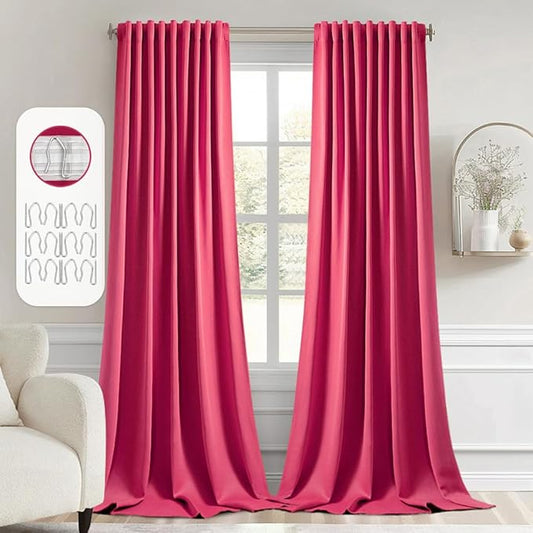 MIULEE Hot Pink Back Tab Blackout Curtain 96 Inch Long 2 Panels Set for Bedroom, Rod Pocket/Pinch Pleat Thermal Insulated Living Room Darkening Pleated Light Blocking Floor to Ceiling Drape