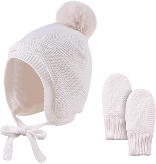 Basic Winter Baby Beanie Gloves Boys Girls Knitted Hat Pompom Kids Earflap Hats Warm Infant Toddler Beanie Mittens Set