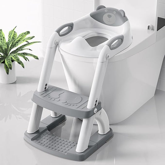 SKYROKU Potty Training Toilet, New Sector-Shape Stabilized Base two in one Toddler Toilet Seat with Splash Guard, Anti Slip Pad, and Step Stool Enamel Grey
