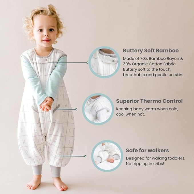 Tealbee DREAMSUIT: Toddler Sleep Sack with Feet 2T 3T - 1.2 TOG Four Season Baby Wearable Blanket for Walkers - Rayon Made from Bamboo, Organic Cotton Sleeping Bag - Alphabet