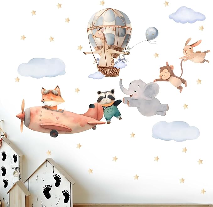 Animals Airplane Wall Stickers for Nursery: Baby Kids Bedroom Wall Decals - Aircrafts Hot Air Balloon Elephant Fox Giraffe Monkey