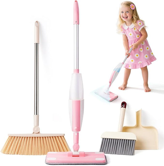 Kids Cleaning Toy Set,Pink Mini Spray Mop Montessori Toys Pretend Play Cleaning Tool for Toddlers with Spray Mop & Kids Broom Dustpan Set Cleaning Toys Gift for Toddlers Girls Boys Age 3+
