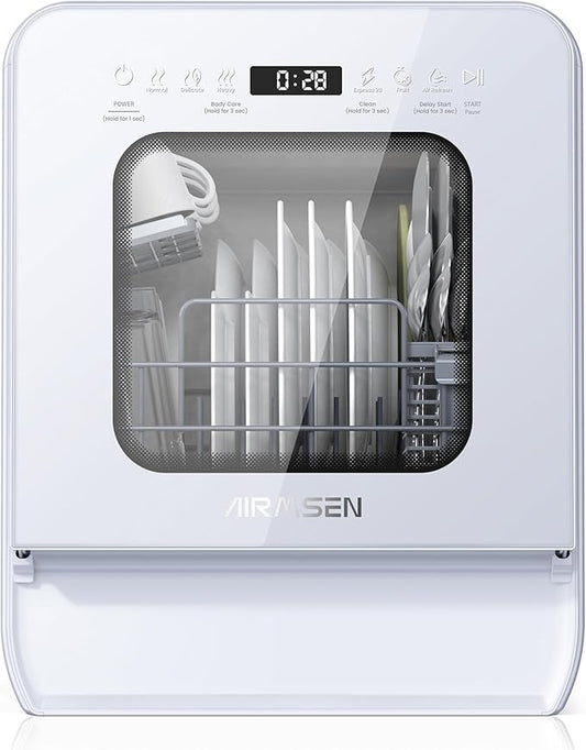 AIRMSEN Portable Countertop Dishwasher with 5L Water Tank, Mini Dishwasher with 14.6” Narrow & 20.1“ Deep Design, 9 Programs, 24H Delay Start & 360° Dual Spray, No Hookup Needed, C01, White