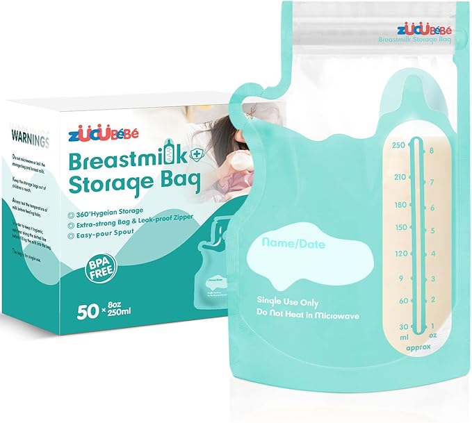 Breastmilk Storage Bags(50 Count)，8oz Milk Storage Bags for Breastfeeding，BPA Free with Easy Pour Spout, Self Standing, for Refrigeration and Freezing Blue