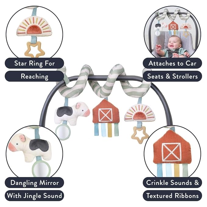 Itzy Ritzy Spiral Car Seat & Stroller Activity Toy - Stroller & Car Seat Toys for Ages 0 Months and Up - Hanging Toys Include Dangling Ring, Mirror and Textured Ribbons (Farm)