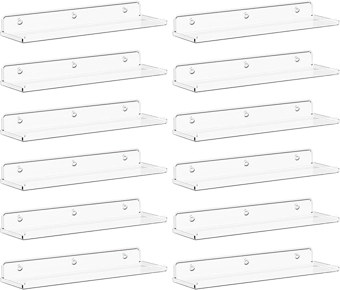 Lifewit Floating Shelves for Wall, 12 Pack Clear Acrylic Shelf 15" Room Decor for Bookcase/Vinyl Record Display/Photo/Picture in Bedroom, Living Room, Bathroom, Kitchen Storage and Organization