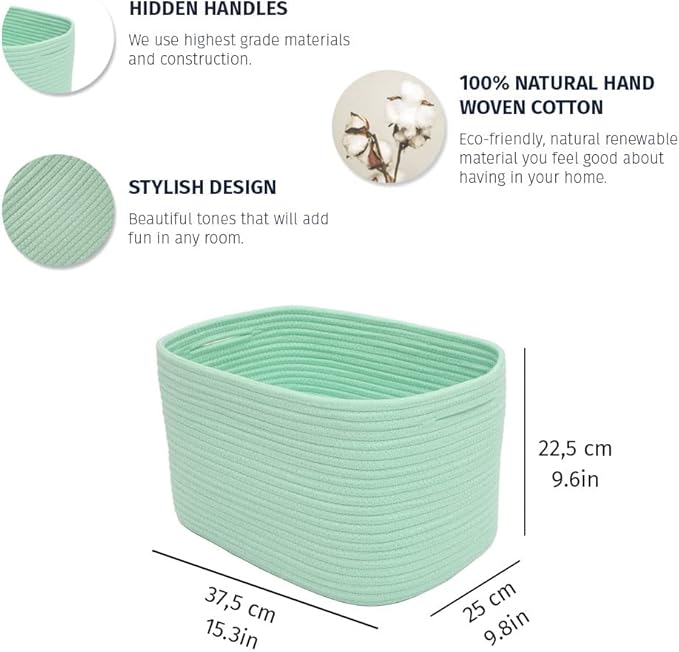 OrganiHaus Green Basket for Shelves, Decorative Cloth for Organizing, Cotton Rope Storage Basket for Toys, Small Woven Baskets for Storage