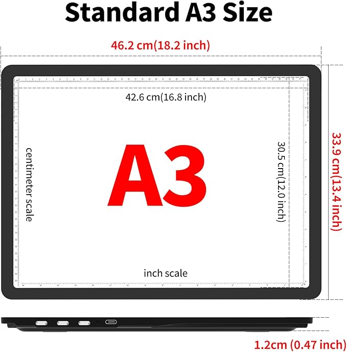 TOHETO Rechargeable A3 Light Board with Stand, Bag, Super Bright Magnetic Light Pad with Side Buttons, Wireless Light Box for Tracing and Drawing, Cordless Light Table for Diamond Painting, Sketching