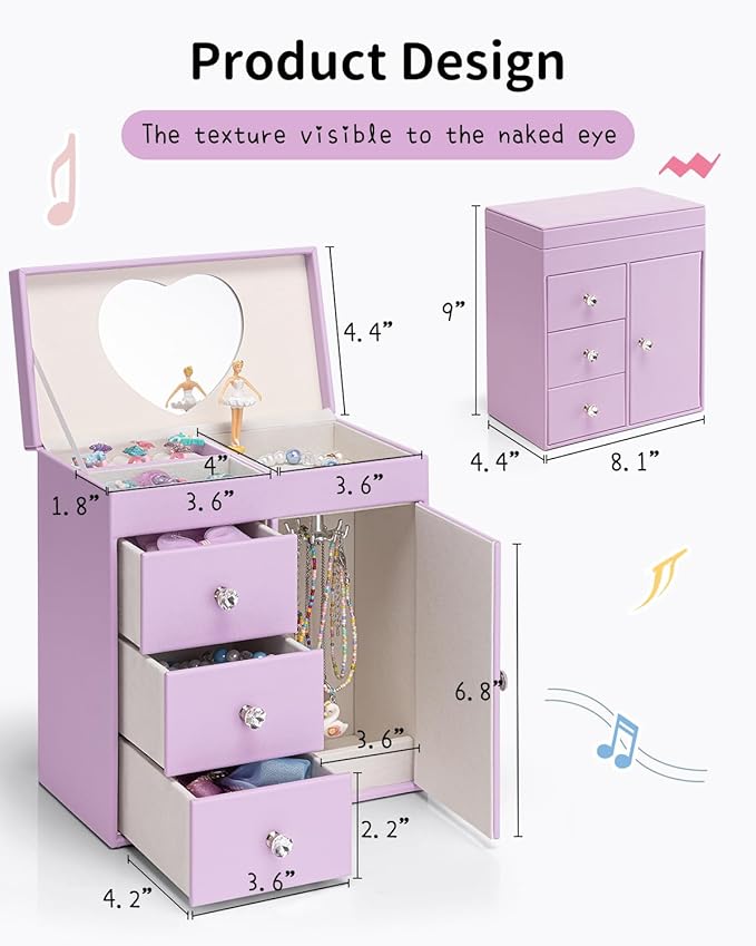 Vlando Musical Jewelry Box for Girls, Large Kid Music Box with Ballerina for Birthday Bedroom Decor, 4 Layer Girl Jewelry Gifts for Girls Kids - Purple