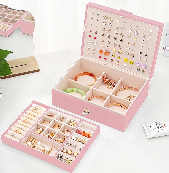 Girls Jewelry Box Earring Holder Organizer for Girls Earring Organizer Teen Jewelry Box Organizer for Girls Pink jewelry Boxes for Earrings Necklaces Rings Stud Earrings Box Organizers Teens