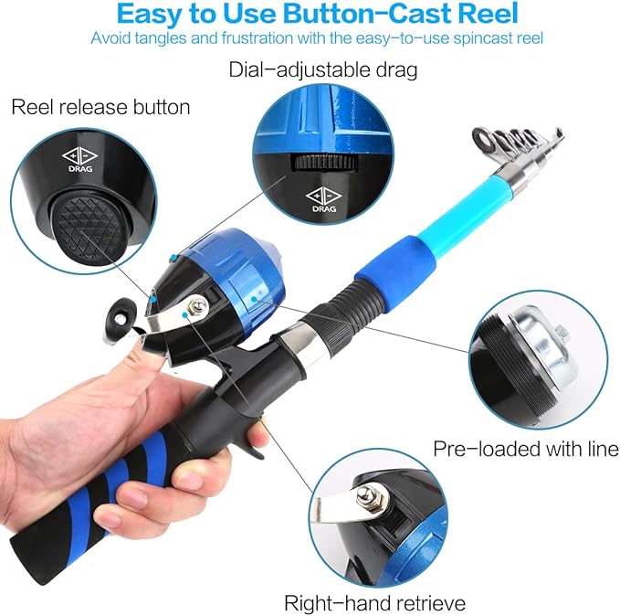 Collapsible Telescopic Fishing Rod and Reel Combo Push Button Small Fishing Pole Kit Beginner Youth Boys Fishing Starter Set Tackle