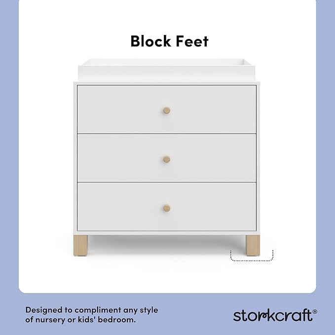 Storkcraft California 3-Drawer Chest with Removable Changing Topper (White with Driftwood) – GREENGUARD Gold Certified, Interlocking Drawer System, Pre-Installed Tracks, Easy Assembly