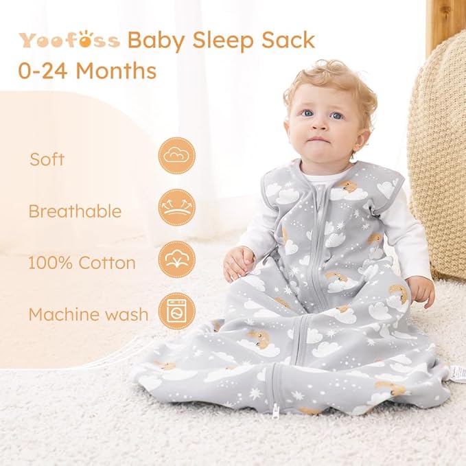 Yoofoss Baby Sleep Sack 6-12 Months Wearable Blanket for Babies 100% Organic Cotton 2-Way Zipper TOG 0.5 Toddler Sleeping Sack 3 Pack, Comfy Lightweight Sleep Sacks