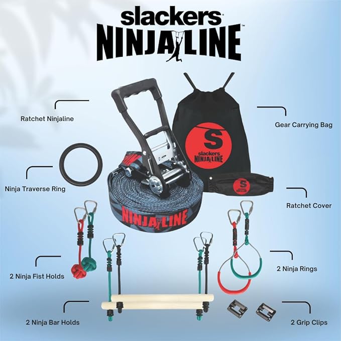 Slackers Ninjaline - 36' Intro Kit - Includes 7 Hanging Attachments - Best Outdoor Ninja Warrior Training Equipment For Kids - Build Your Very Own Backyard Obstacle Course - Rated Ages 5+