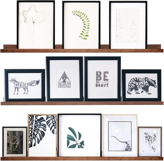 AZSKY Floating Wood Wall Shelves Light Walnut 48 Inch Long Hanging Picture Photo Ledge Shelf Rustic Modern Narrow Shelves for Wall Decor Storage and Display Nursery Book Shelves a Set of 3