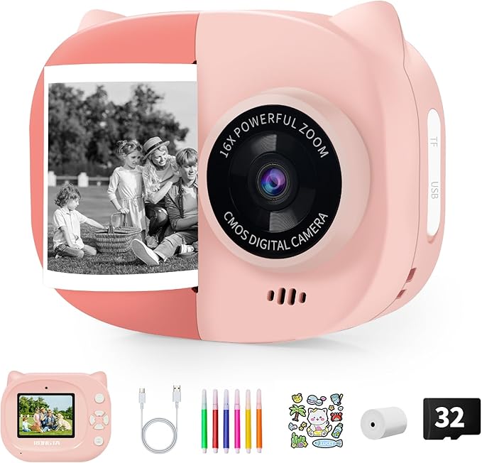 Rongta Kids Camera Instant Print, 1080P Kids Instant Cameras That Print Photos, Christmas Birthday Gifts for Girls Age 3-12, Video Camera Portable Toy for 3 4 5 6 7 8 9 10 Year Old Kids Girls(Pink)