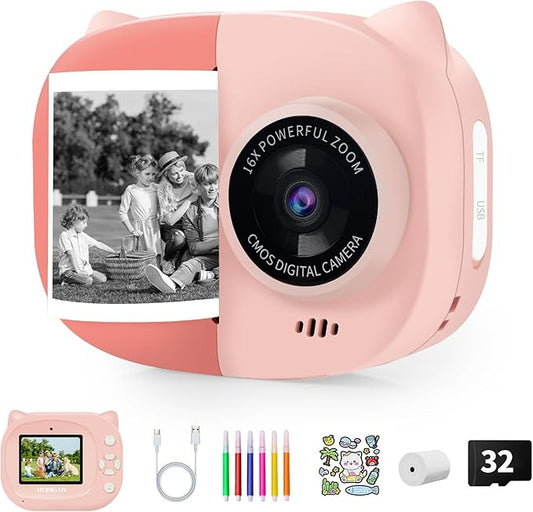 Rongta Kids Camera Instant Print, 1080P Kids Instant Cameras That Print Photos, Christmas Birthday Gifts for Girls Age 3-12, Video Camera Portable Toy for 3 4 5 6 7 8 9 10 Year Old Kids Girls(Pink)