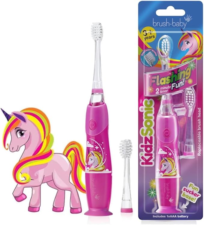 Brush-Baby - KidzSonic Unicorn Kids Electric Toothbrush, Ages 3+ Years - DeepClean Bristles, Suction Base - Fun Design with Flashing Lights - 2 x Replacement Heads & 1 x AAA Battery