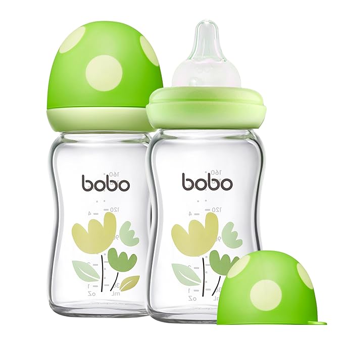 YOHKOH Natural Glass Baby Bottle with Natural Response Nipple, Newborn Anti-Colic Baby Bottles, Wide Neck Mushroom Cap Baby Bottle, Clear (Green, (5.4oz (Pack of 2))